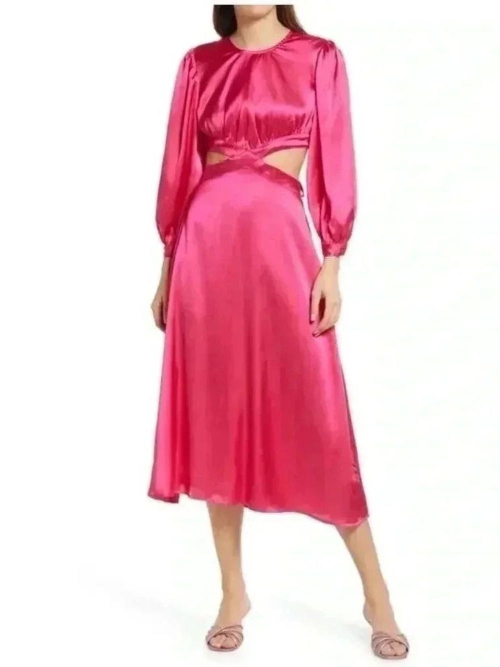 RAHI Pink Satin Cutout Midi Skirt